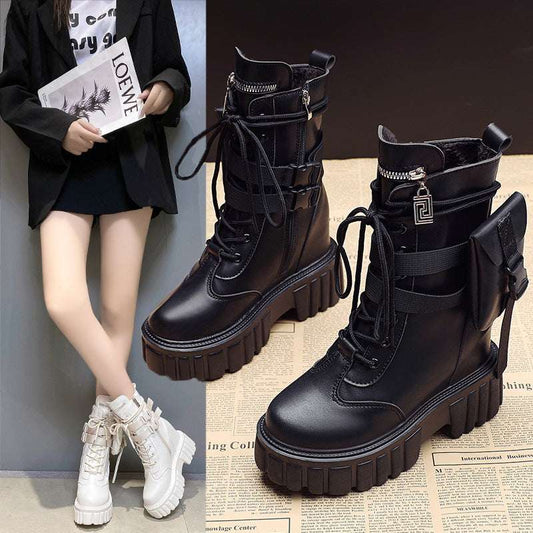 Platform Shoes Female Autumn And Winter Cotton Padded Height Increasing Insole Mid-calf Martin Boots