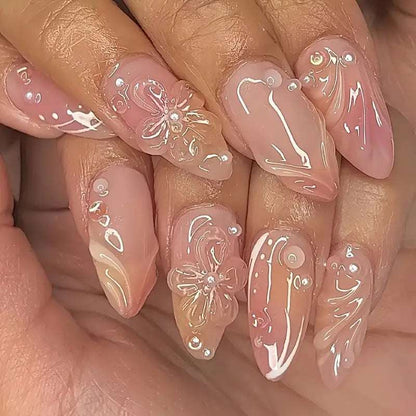 Almond Floral Fake Nails – Removable & Elegant Style Almond Nail Pure Flower Wear Nail Remova | Ectron Online