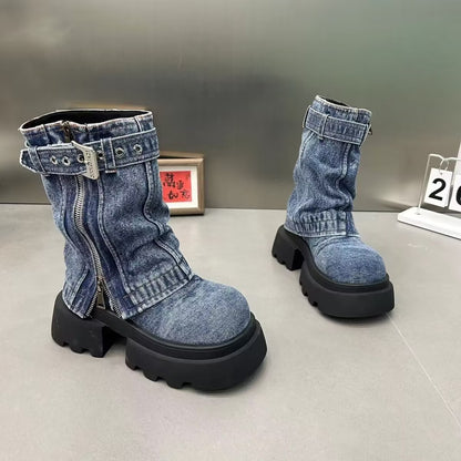 Martin Boots Denim Fake Two Pieces Pile Style Boots Motorcycle Boots