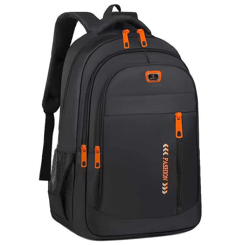 Black waterproof backpack with orange zipper accents, front pocket panel, and mesh side
