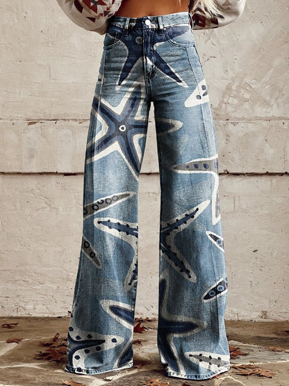 Wide-legged Pants Thermal Transfer Bell-bottom Pants Simulation Denim Trousers