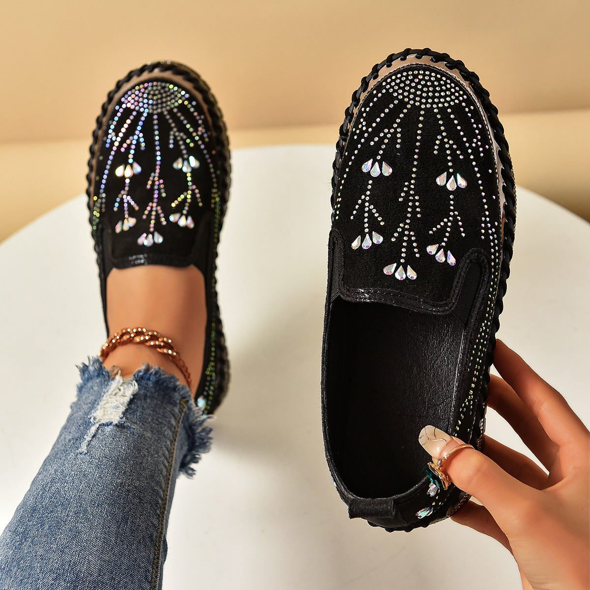 Rhinestone Slip-On Sneakers - Women's Casual Platform Casual Sneakers Slip-on Rhinestone Platf | Ectron Online