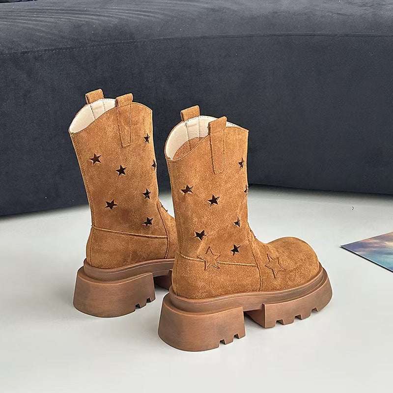 Five-Star Hollow-Out Denim Platform Ankle Boots Five-star Hollow-out Platform Western De | Ectron Online