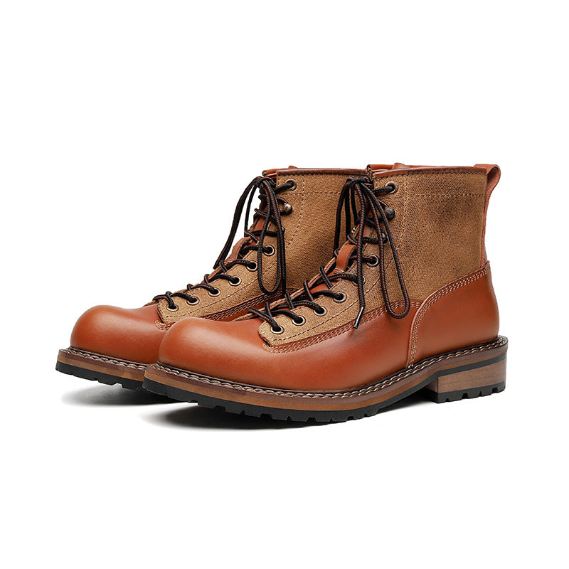 Brown suede and leather lace-up platform boots with black laces and lug sole