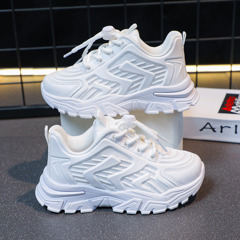 White lace-up sneakers with mesh-look upper and chunky tread sole