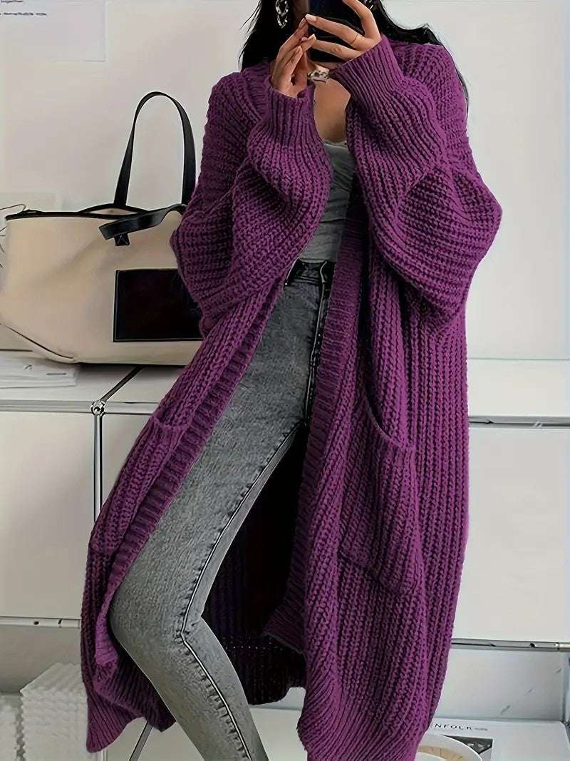 Purple knit cardigan coat with long sleeves, open front, loose fit