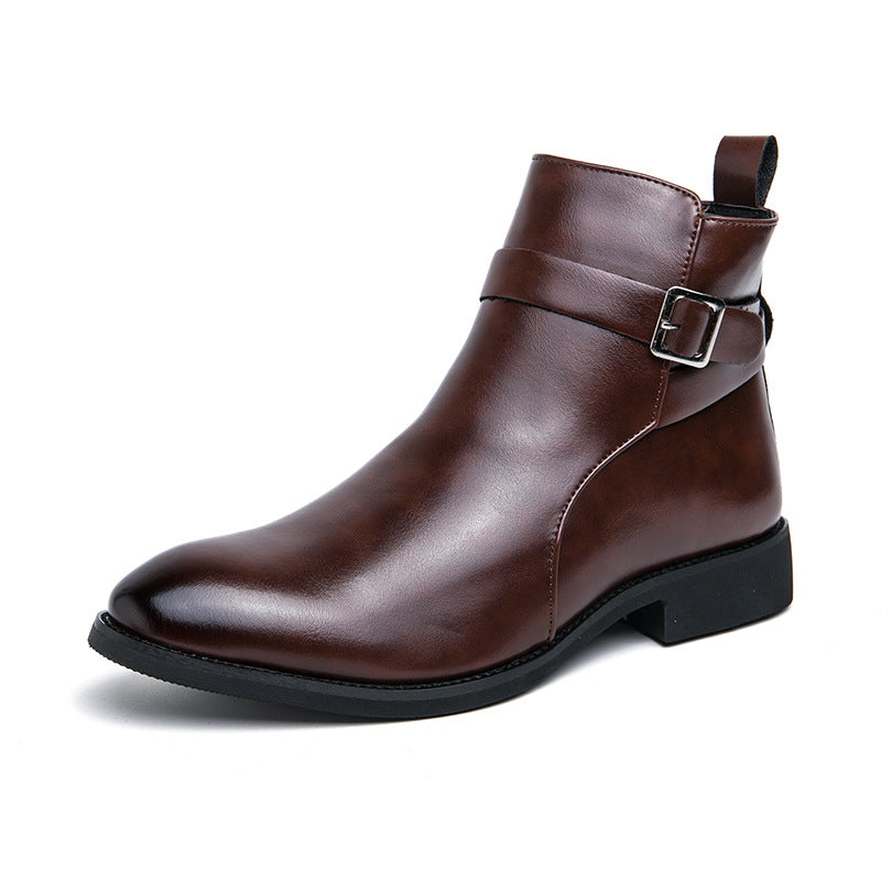 Brown ankle boots with side buckle strap and dark rubber sole