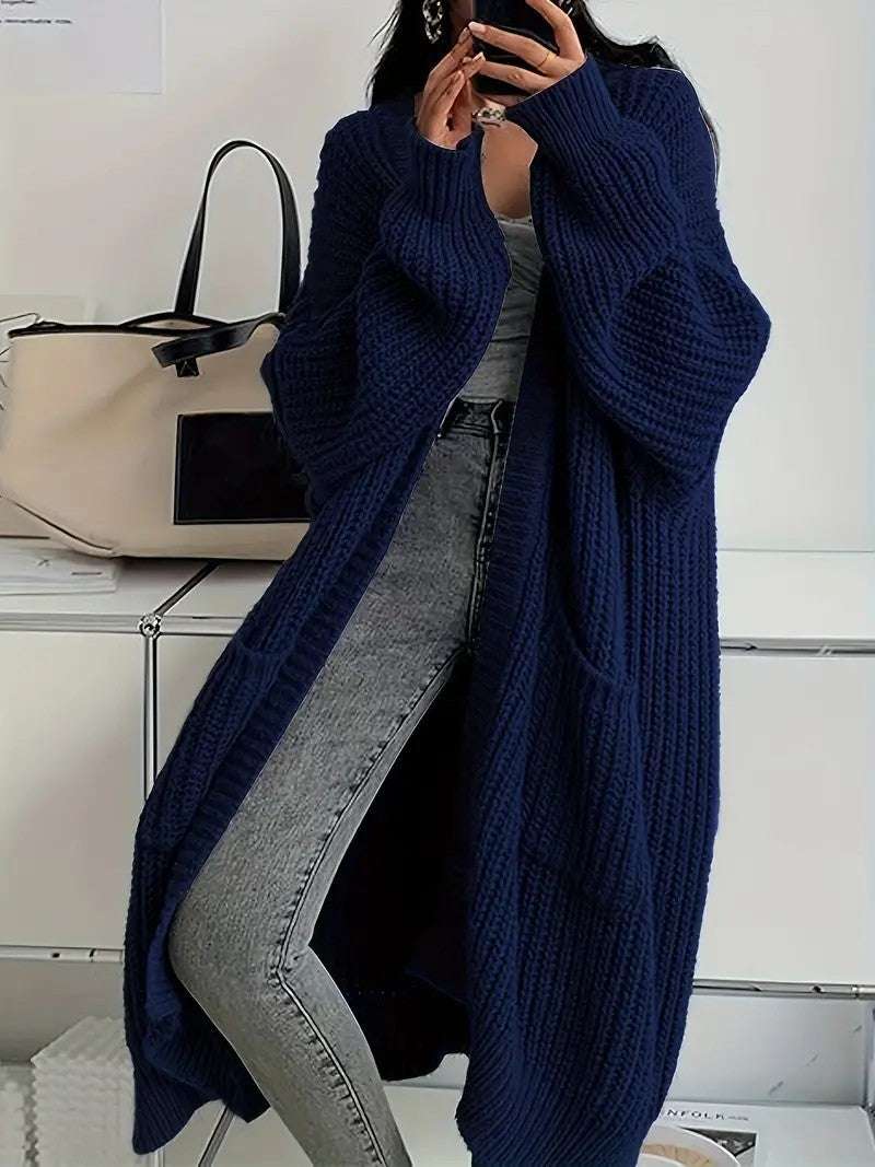 Navy blue knit cardigan coat with long sleeves, open front, loose fit