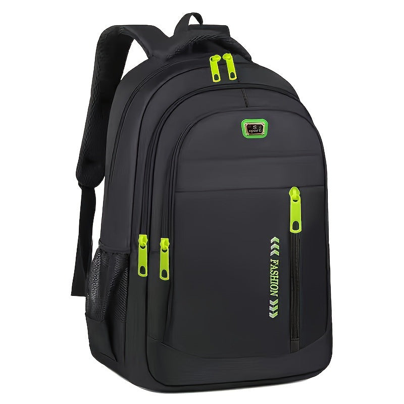 Black waterproof backpack with green zipper accents, front pocket panel, and mesh side