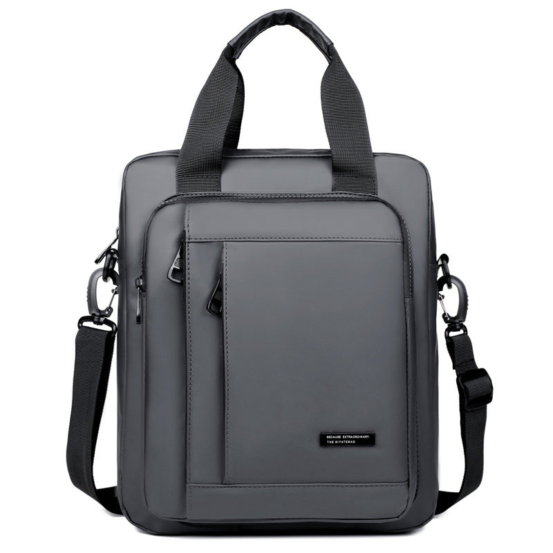 Men's large business bag, gray rectangular tote with top handles and side straps