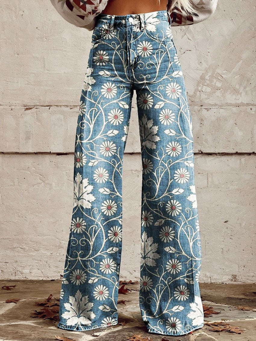 Wide-legged Pants Thermal Transfer Bell-bottom Pants Simulation Denim Trousers