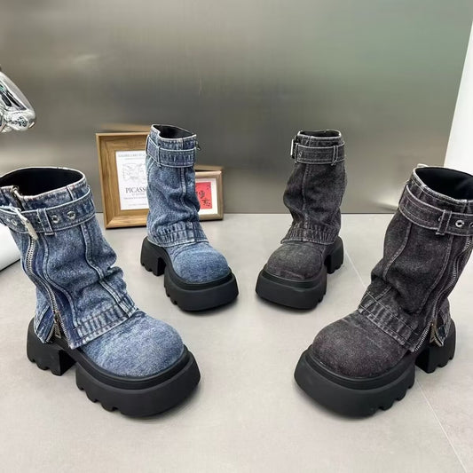 Martin Boots Denim Fake Two Pieces Pile Style Boots Motorcycle Boots