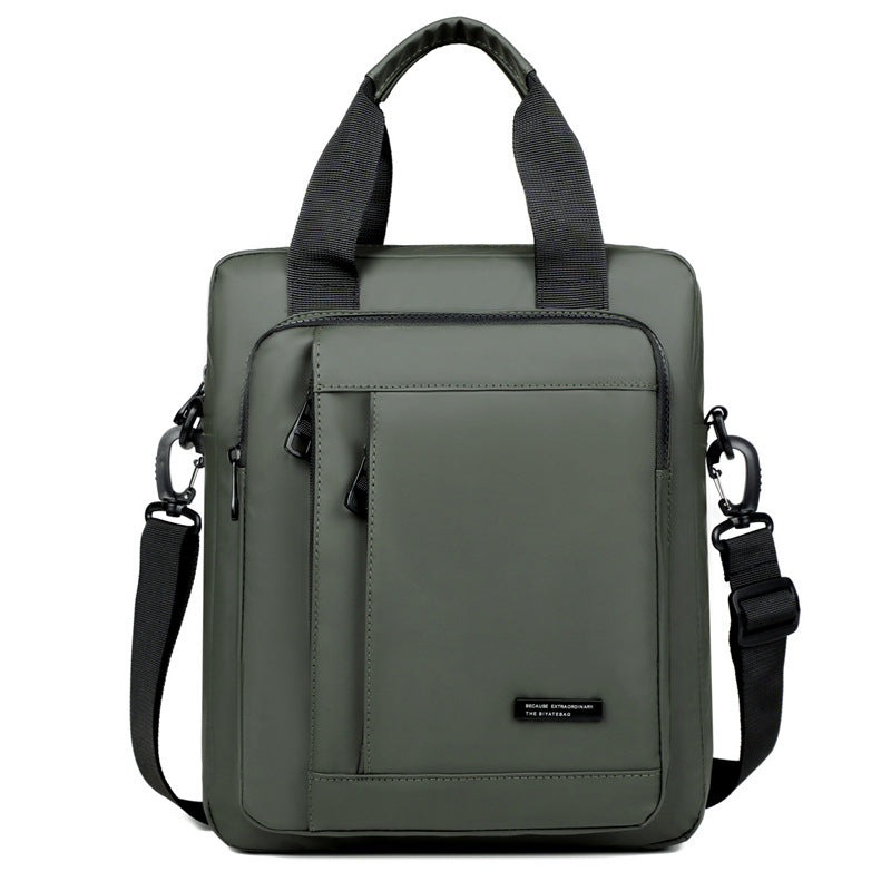 Men's large business bag, green rectangular tote with top handles and side straps