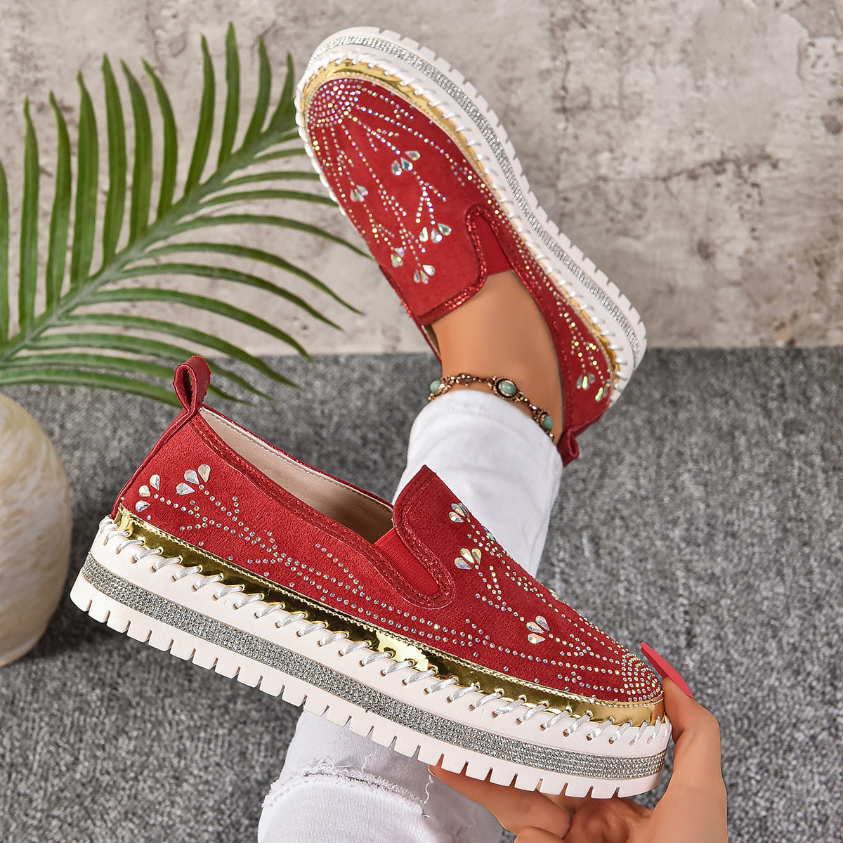 Rhinestone Slip-On Sneakers - Women's Casual Platform Casual Sneakers Slip-on Rhinestone Platf | Ectron Online