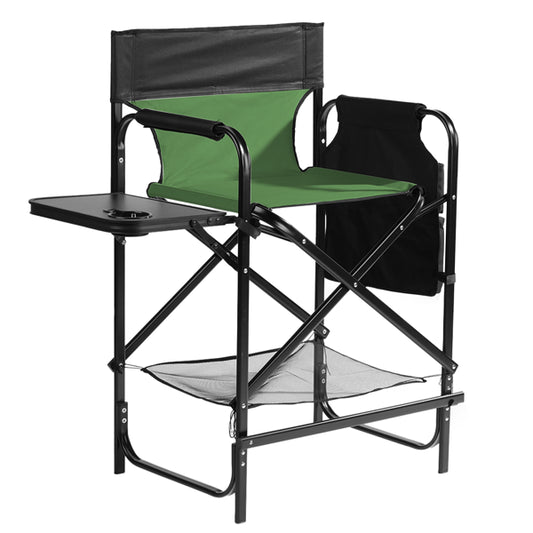 Olive green tall directors chair with a foldable side table, built-in cup holder, and footrest for camping and outdoor use