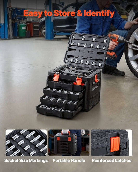Open 230-piece mechanics tool set featuring sockets, wrenches, and screwdriver bits neatly organized in a durable black storage case