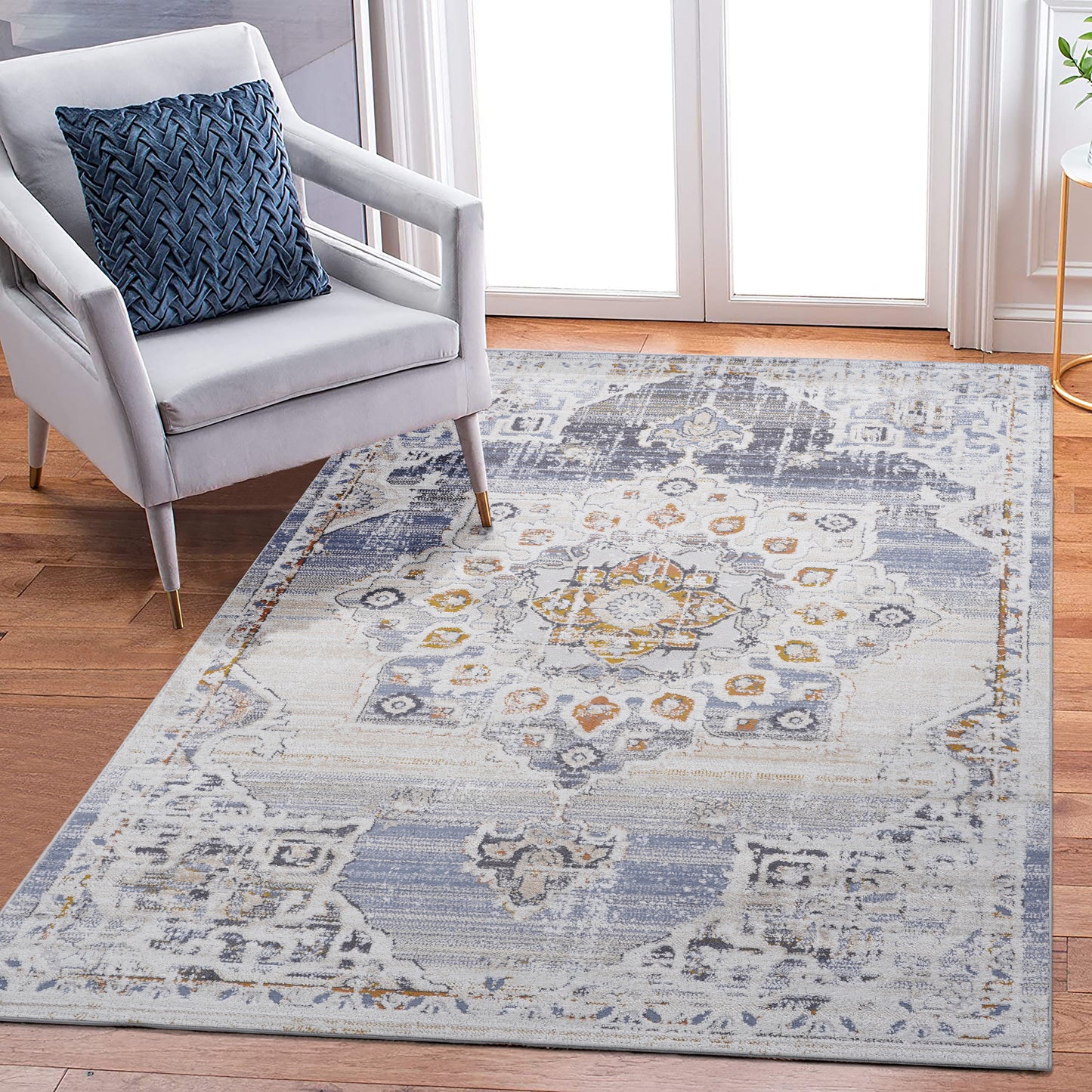Ornate 6x9 area rug from the Payas Collection featuring a traditional medallion pattern in a sophisticated cream and gold color palette.