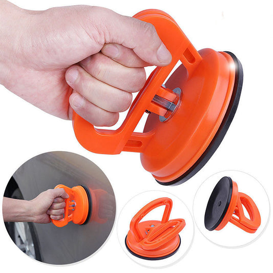 Orange suction cup tool held by a hand with close-up insets on a white background