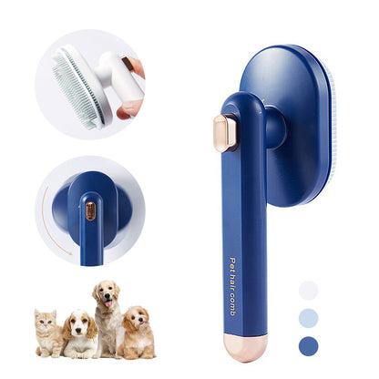 A pet grooming brush in blue color, shown with an ergonomic design, alongside images of pets (cats and dogs) and a color swatch indicating the product color.