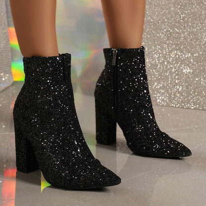 Plus Size Sequin Boots - Pointed Toe & Chunky Heel Autumn And Winter Plus Size Pointed Toe | Ectron Online