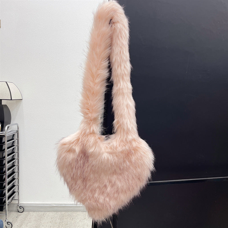 Plush Large Capacity Love Shoulder Bag for Women Winter Fleece Shoulder Bags Women Heart | Ectron Online