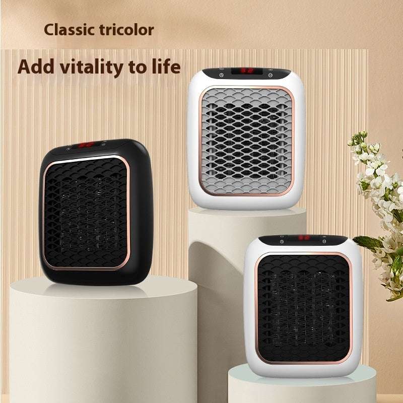 Three small heaters in black, white, and a tricolor design on a beige background with text 'Classic tricolor Add vitality to life'.