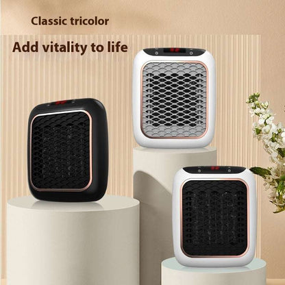 Three small heaters in black, white, and a tricolor design on a beige background with text 'Classic tricolor Add vitality to life'.