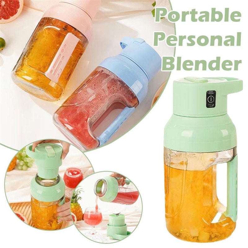 Portable personal blender with a smoothie inside, surrounded by fruits and a close-up of the blender.