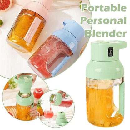 Portable personal blender with a smoothie inside, surrounded by fruits and a close-up of the blender.