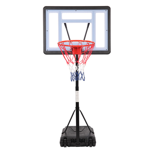 Portable pool basketball hoop with a transparent PVC backboard and adjustable stand set up next to a swimming pool