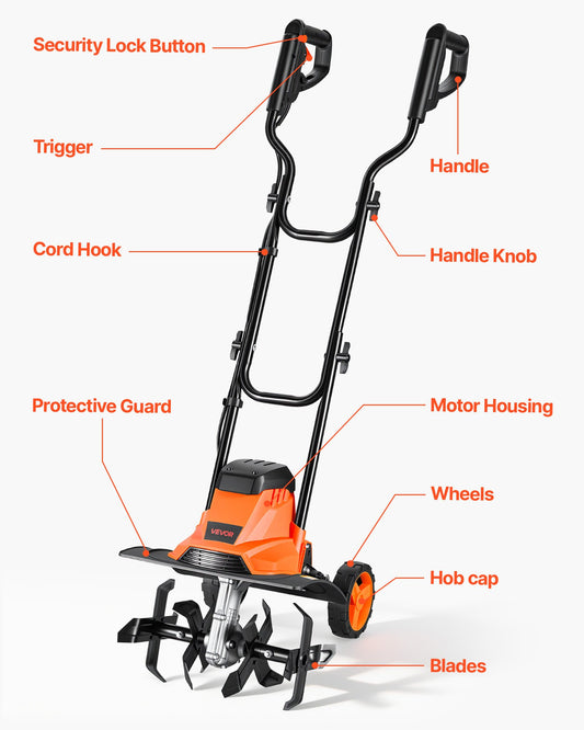 Powerful 10-amp corded electric tiller with steel tines tilling dark soil in a backyard garden setting