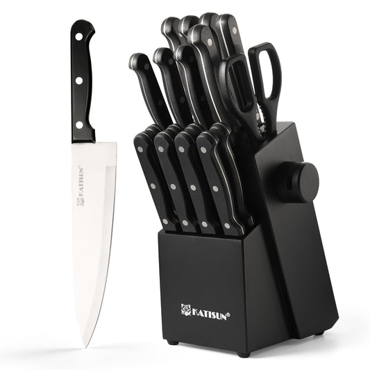 Premium 19-piece German steel knife set with ergonomic handles, stored in a large wooden block featuring an integrated manual sharpener slot