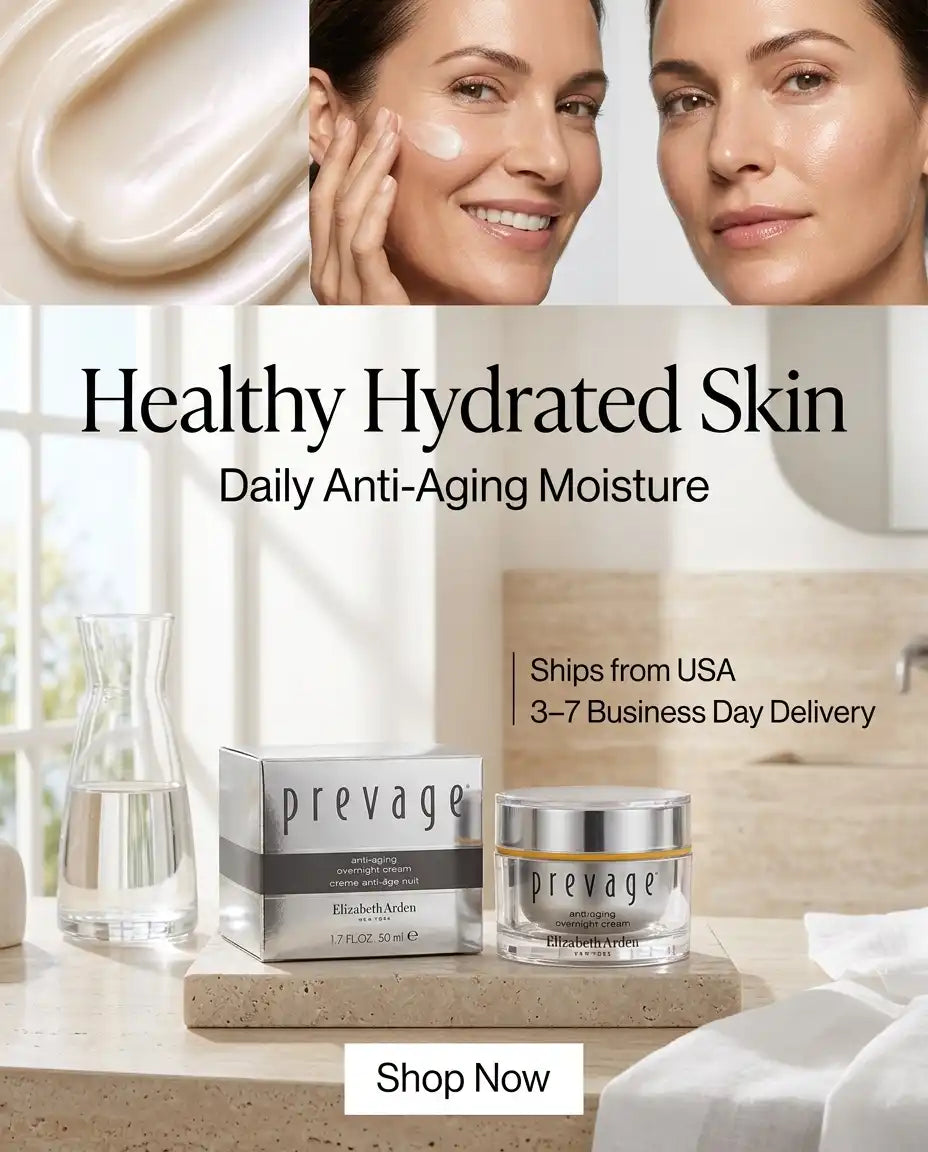 A promotional banner for Prevage Elizier's Anti-Aging Moisture cream. The top section shows close-ups of a woman's face with hydrated skin and a swirl of the thick, creamy product.