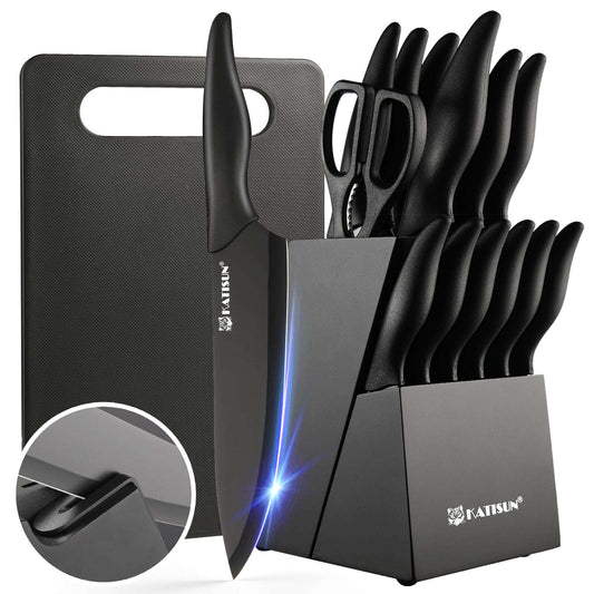 Professional 16-piece black knife set with German steel blades, including a built-in sharpener and a matching cutting board stored conveniently in the block