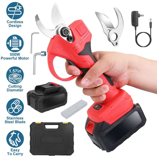 Professional 21V cordless electric pruning shears cutting a thick tree branch in an orchard with a spare battery and carry box nearby