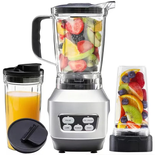 Professional black countertop blender with three different sized BPA-free cups filled with fresh fruit smoothies and sauces