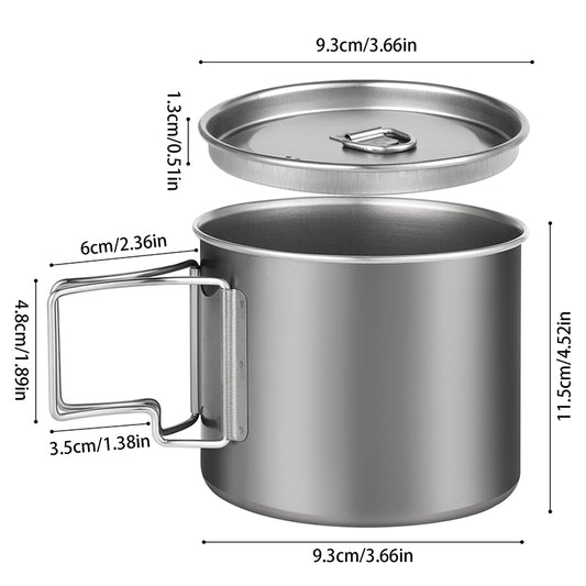 Pure titanium 800ml camping cup with foldable handles, sitting on a portable gas stove in a forest setting, with steam rising from it