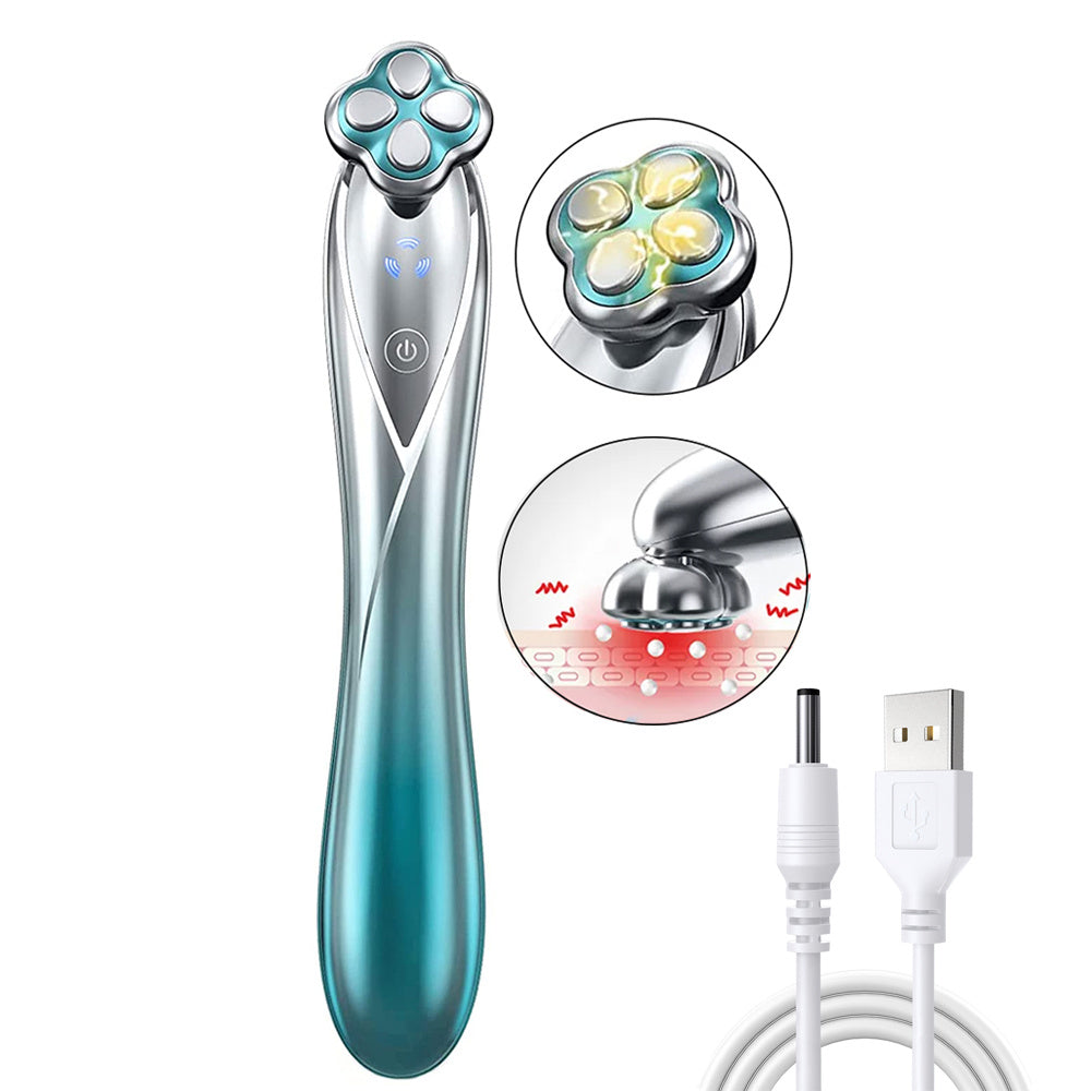 Glowing facial massager with close-up insets and USB cable on a white background