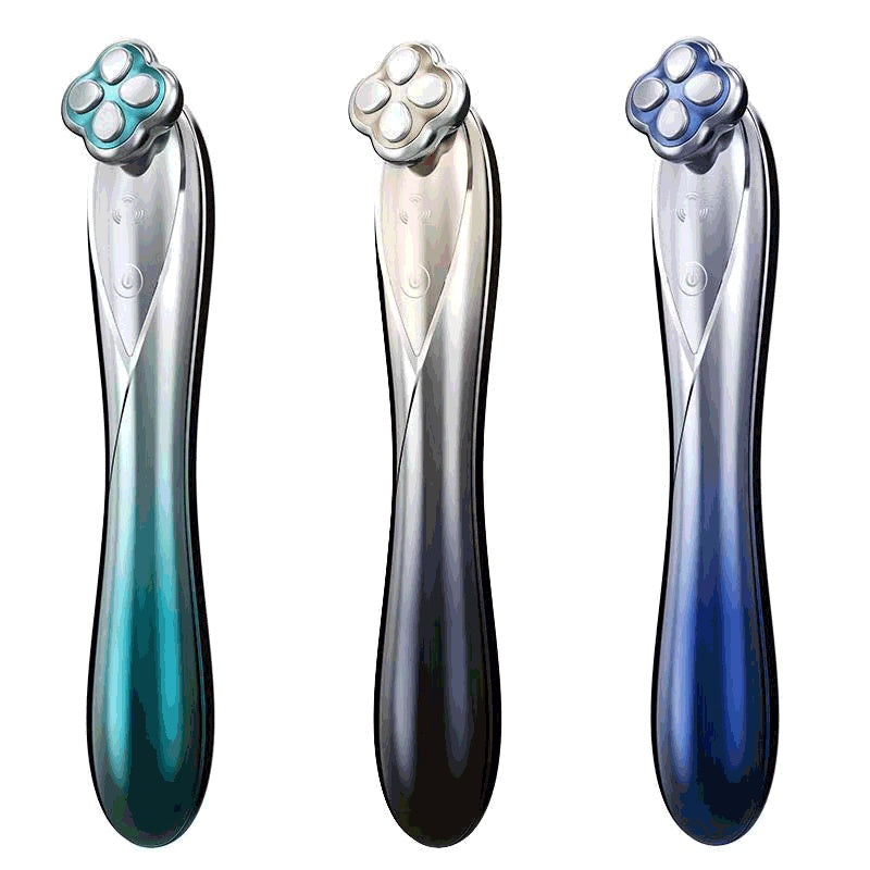 Three dental flossers with gradient blue and black design on a white background