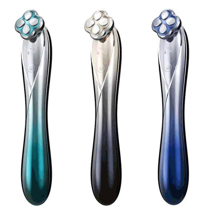Three dental flossers with gradient blue and black design on a white background