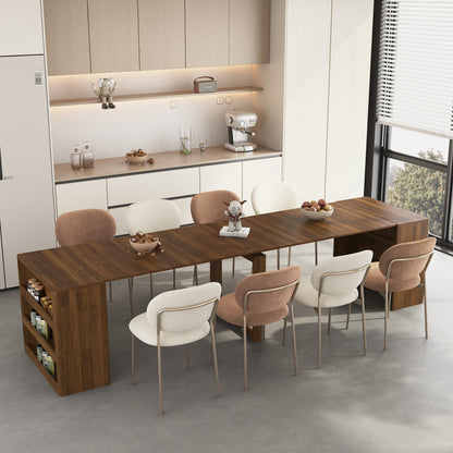 Extendable dining table with dark wood top and side storage cabinet