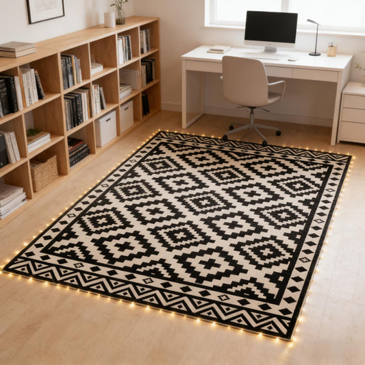 Reversible outdoor rug with a modern black and white geometric pattern on a stylish balcony