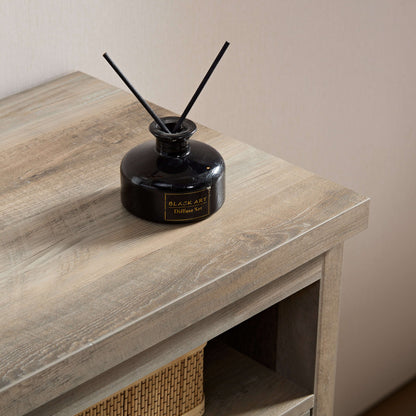Gray wash TV stand console with open shelf, close-up of tabletop edge