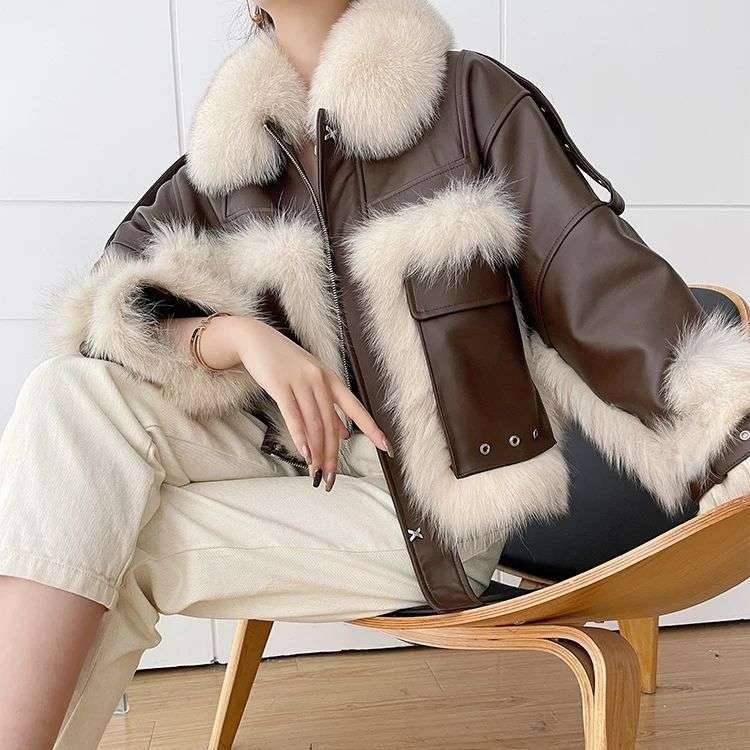 Sense Fox Fur Stitching Leather Coat - Chic Outerwear Sense Fox Fur Stitching Leather Coat | Ectron Online