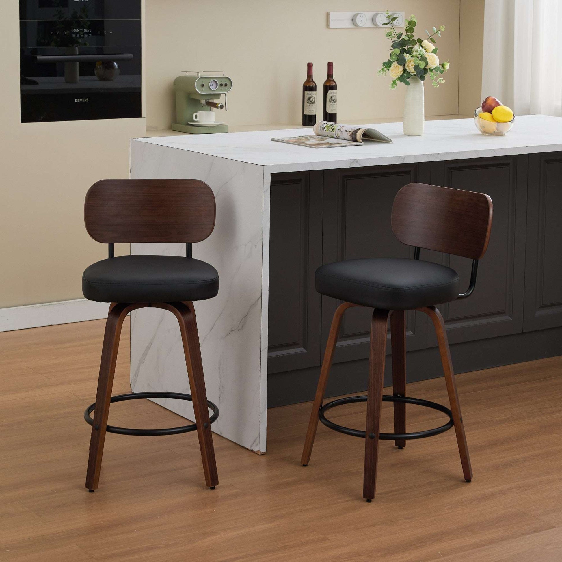 Set of 2 swivel counter stools with black faux leather seats and walnut backs