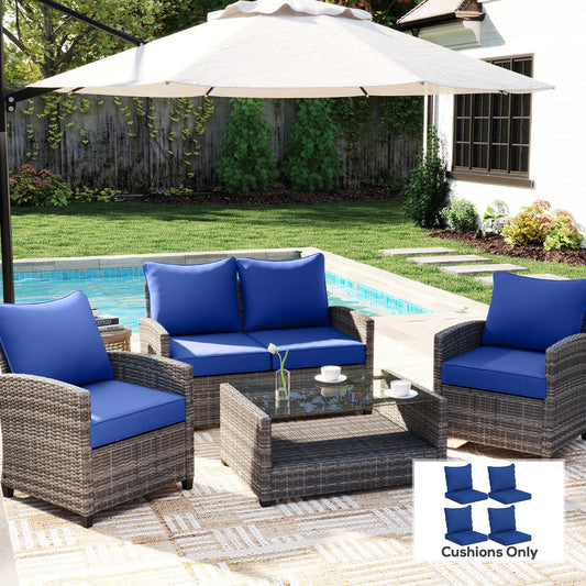 Set of 8 navy blue patio chair cushions with integrated seat and backrest on outdoor chairs