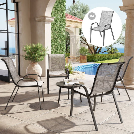 Set of four mixed gray stackable outdoor dining chairs featuring a high backrest and breathable mesh fabric for comfortable garden and lawn seating.