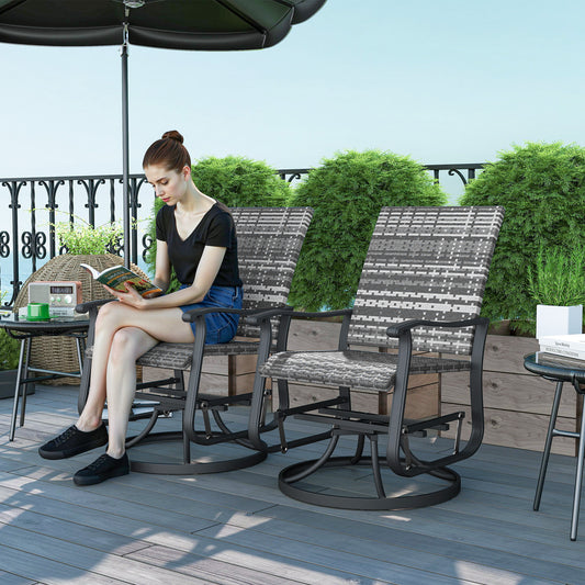 Set of two gray PE wicker swivel glider chairs with high backrests and durable steel frames, designed for smooth 360-degree motion on an outdoor patio.