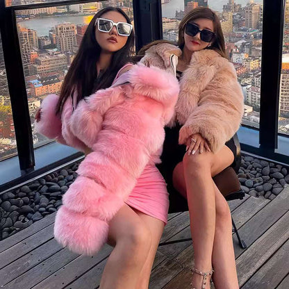 Short Hooded Faux Fur Long Sleeve Coat