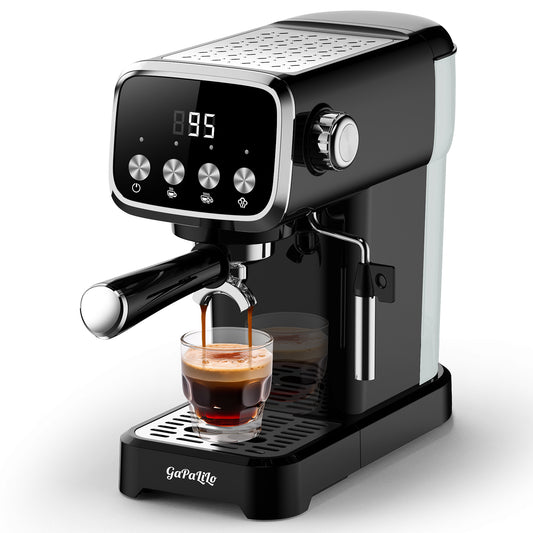 Slim black espresso machine with a digital screen interface and milk frothing wand, fitting perfectly in a small modern kitchen space